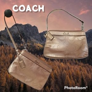 Coach metallic Gold perforated Signature C logo wristlet clutch Night Out bag
